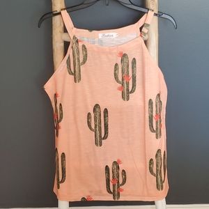 pink halter neck tank top with a green and orange cactus print. Small